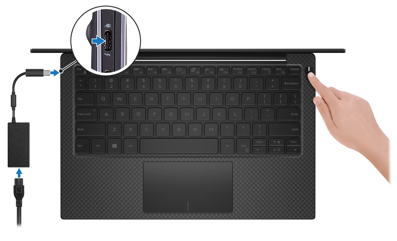 Image: Connecting the power adapter and pressing the power button of the XPS 13 9370