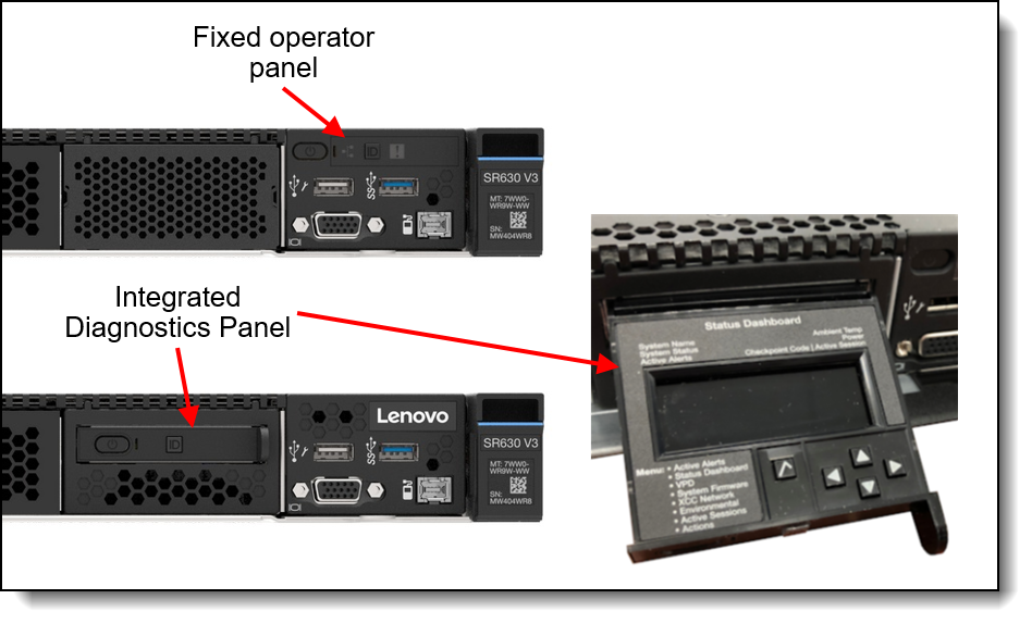 Operator panel choices for the 8x 2.5-inch drive bay configuration