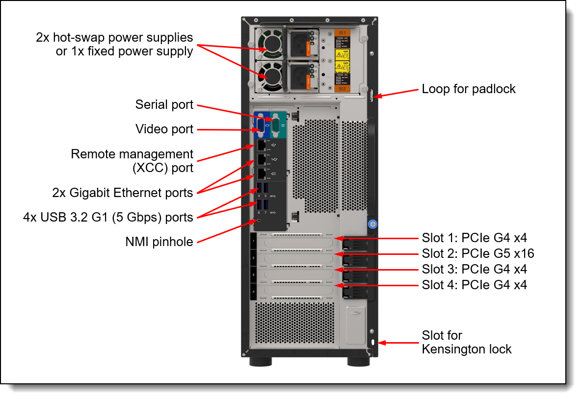 Rear view of the ThinkSystem ST250 V3 server