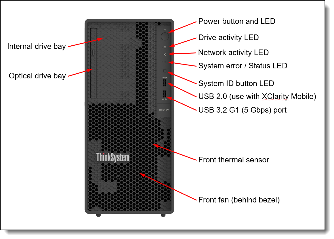 Front view of the ThinkSystem ST50 V3 server