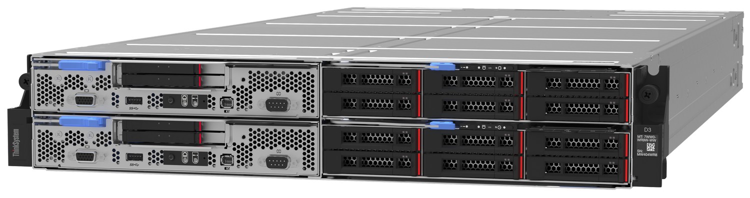 Front view of the ThinkSystem D3 Chassis with 2x SD530 V3 (left) and 2x SD535 V3 (right) servers