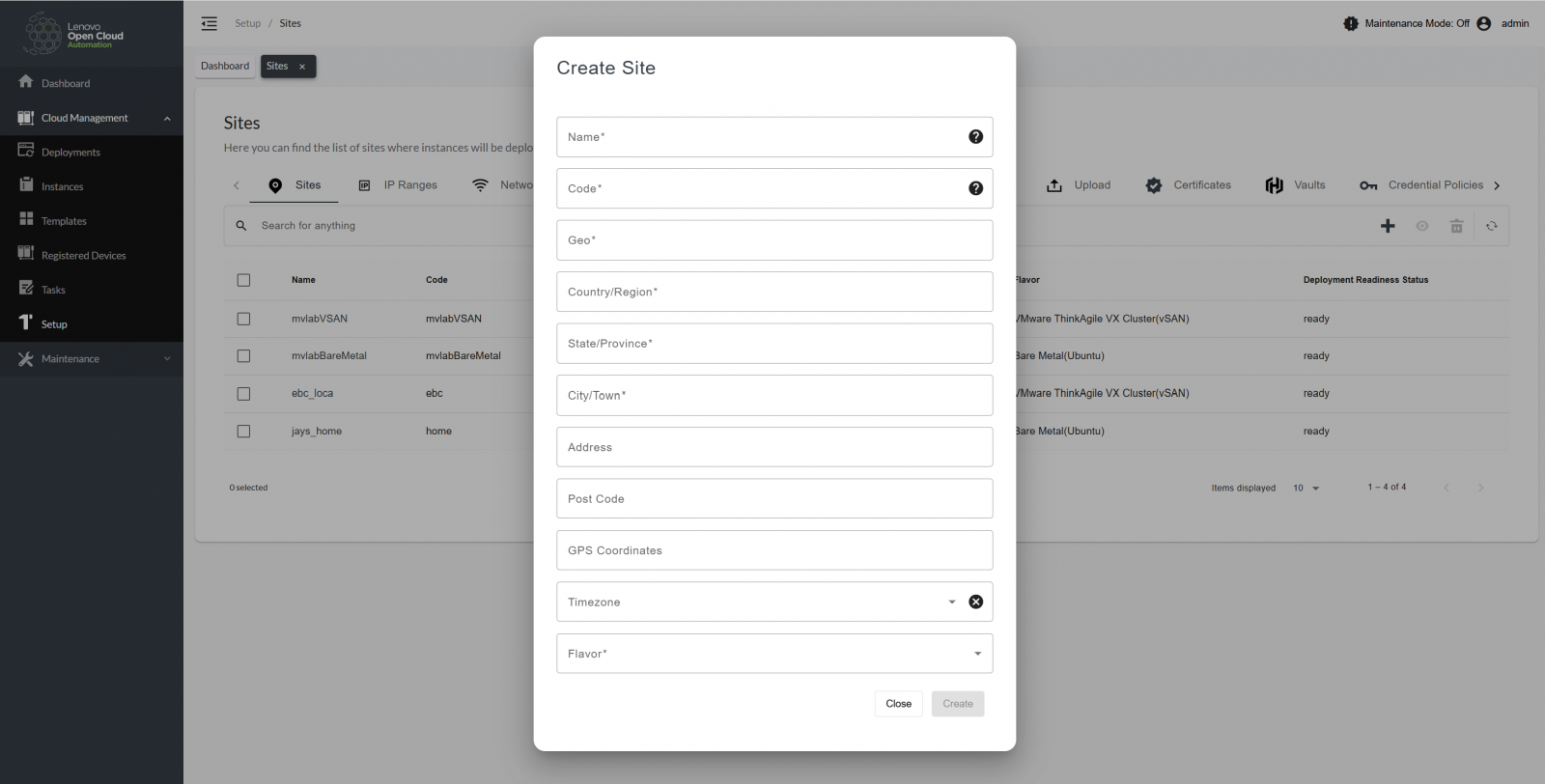 Creating a new site definition from the portal. Similar forms can be used to create IP Ranges, Network Services and Cloud Services
