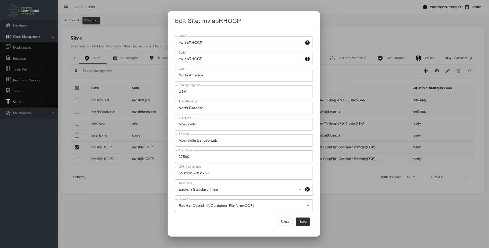 Editing an existing site definition from the portal. Similar forms can be used to edit IP Ranges, Network Services and Cloud Services