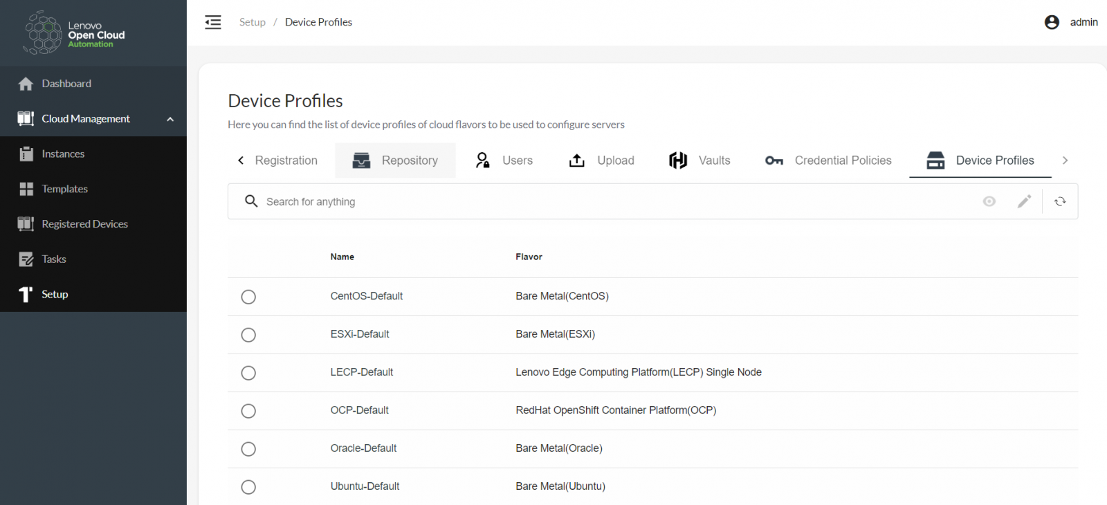 Device Profile selection and configuration
