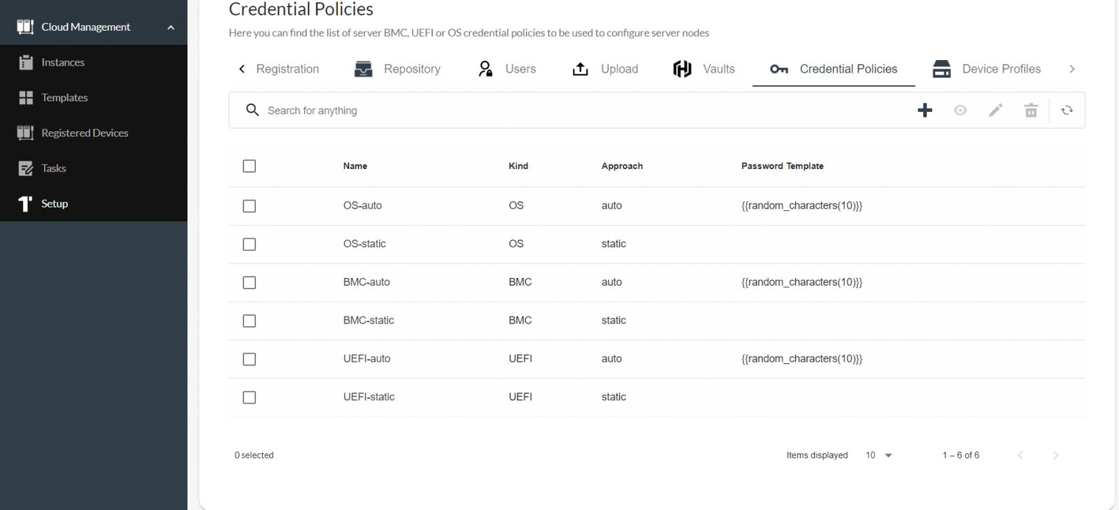 Credential Policies list