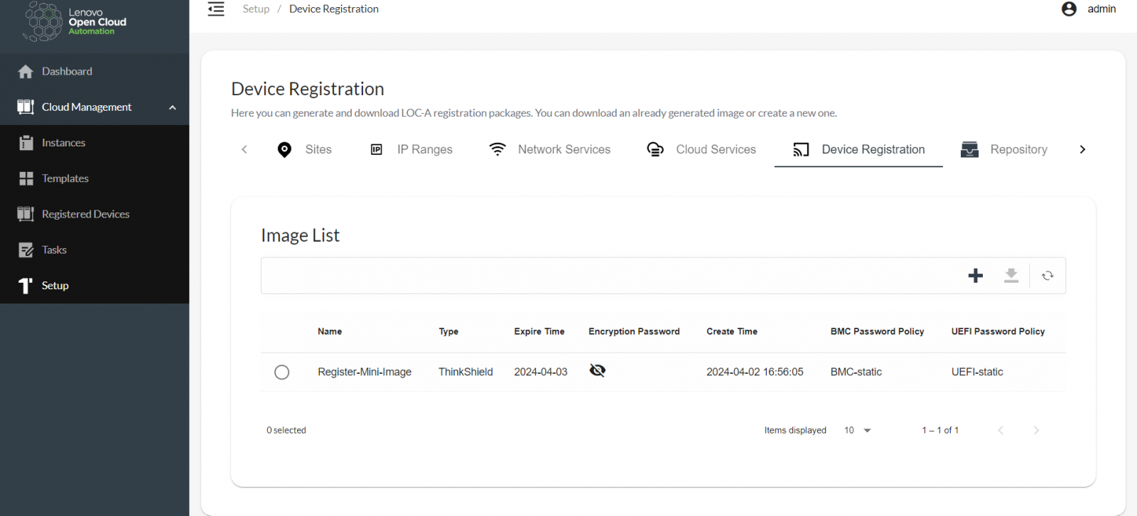 Generated Registration Image in the Lenovo Open Cloud Automation portal