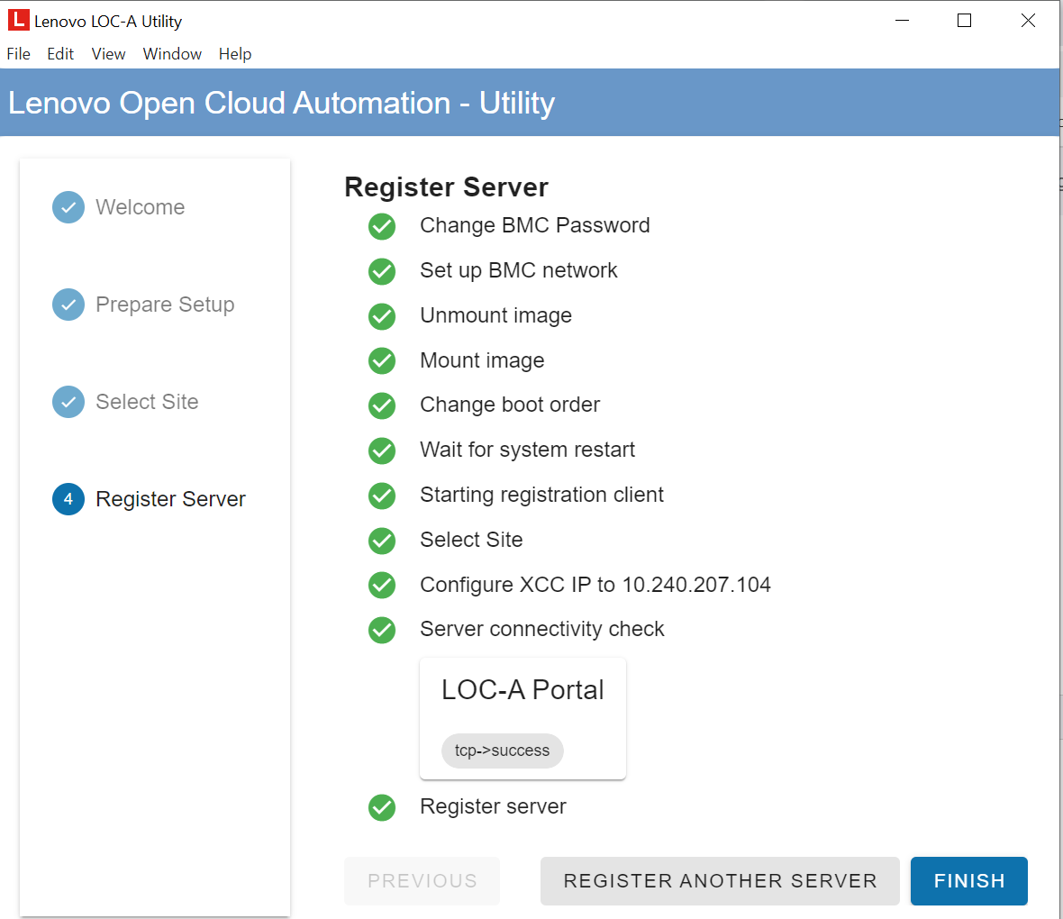 Registration Utility – successful server registration