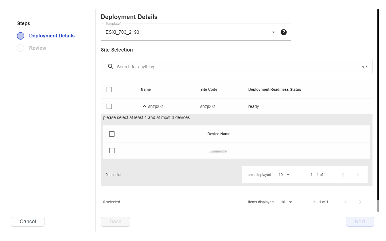 Instance creation, first step – template, site, and device selection
