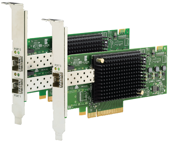 Emulex 16 Gb Gen 6 FC Single-port (right) and Dual-port (left) HBAs (without SFP+ modules)