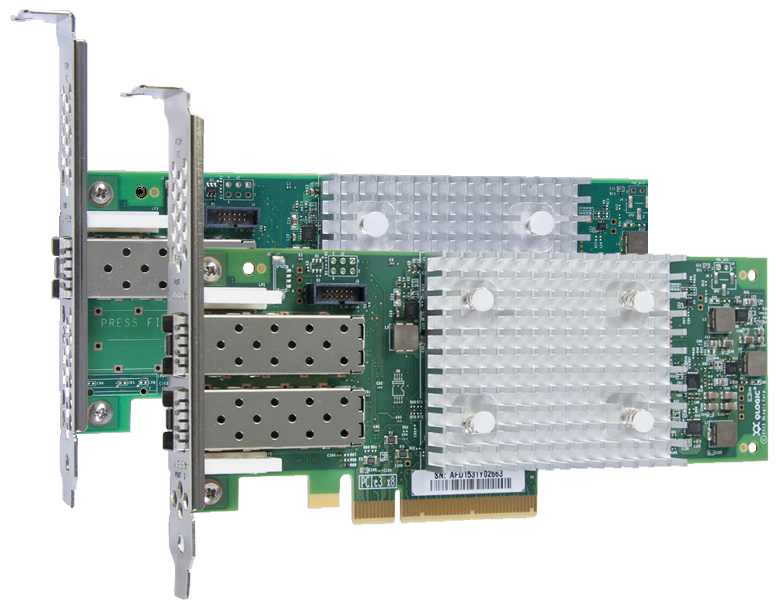 QLogic Enhanced Gen 5 16 Gb FC Single-port (right) and Dual-port (left) HBAs (without SFP+ modules)