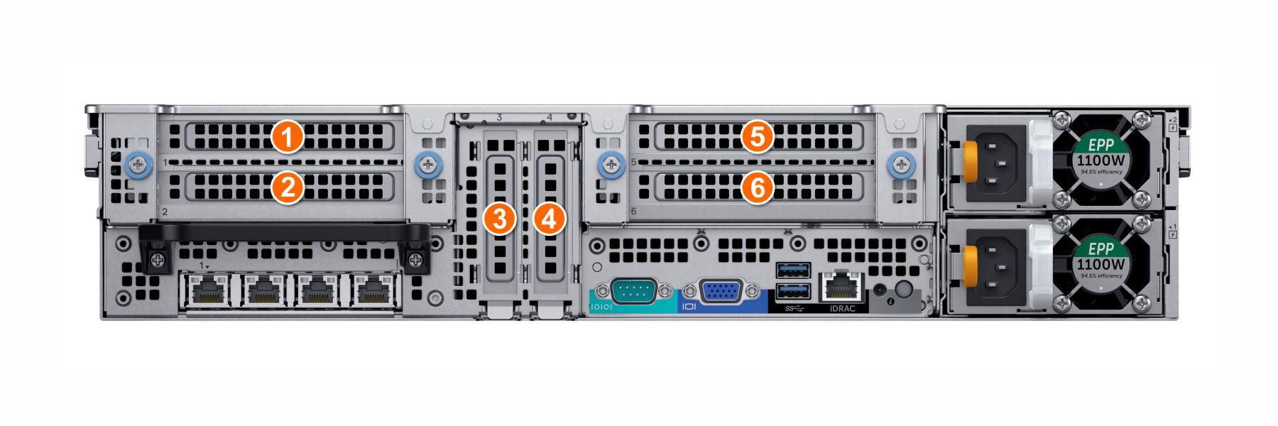 This image shows the PCIe slot numbers on the 24 x 2.5-inch drive system.