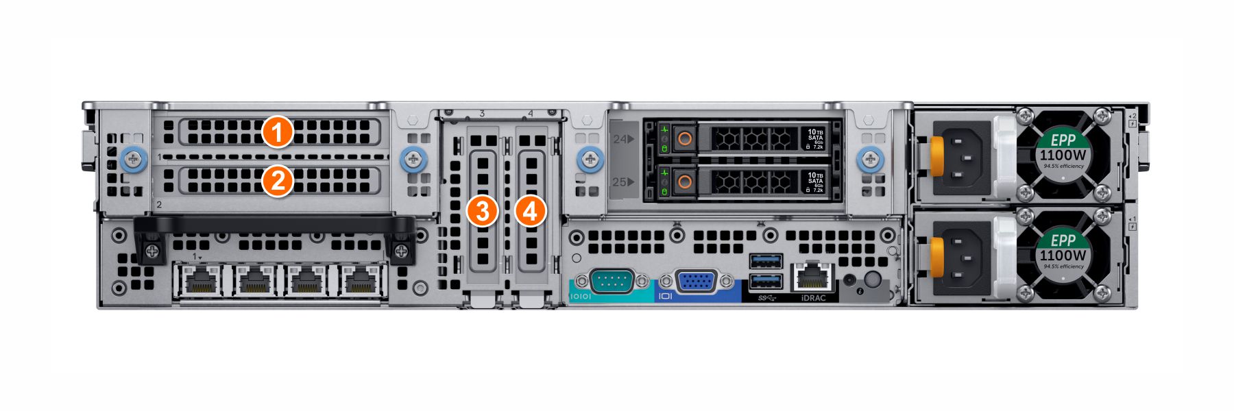 This image shows the PCIe slot numbers on the 24 x 2.5-inch + 2 x 2.5-inch (rear) drive system.