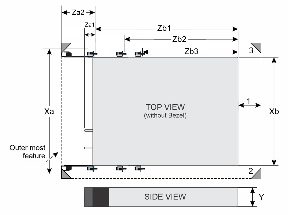 This figure shows the dimensions of the xr8000r chassis.