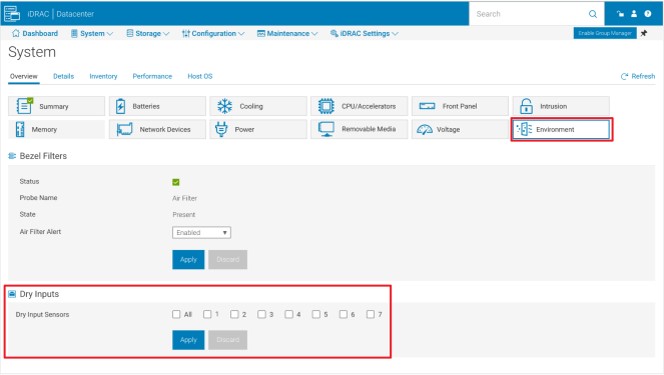 The image shows the iDRAC interface for dry input sensors