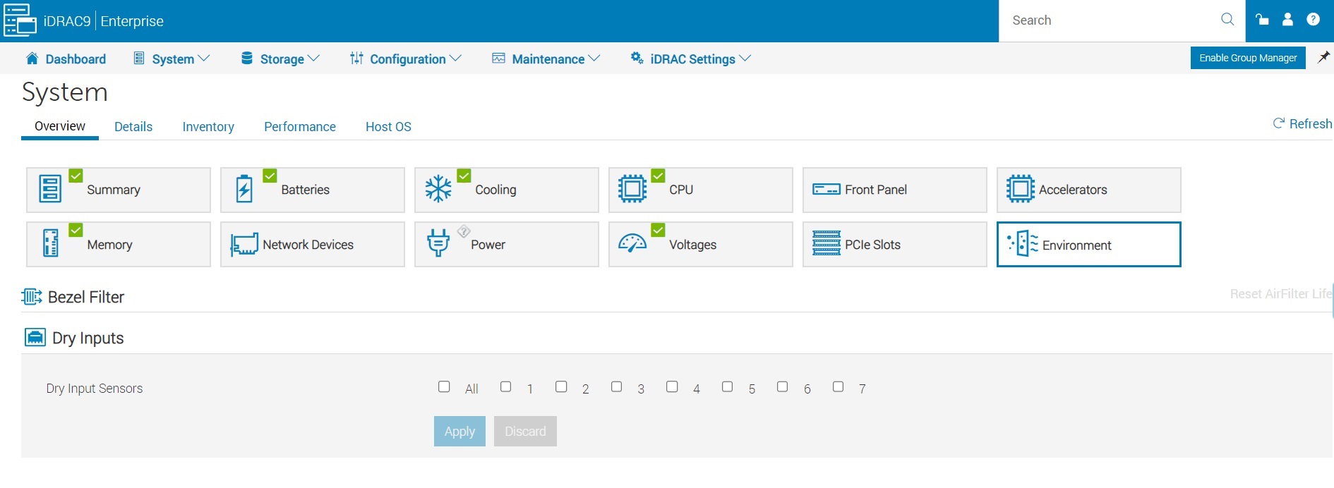 The image shows the iDRAC interface for dry input sensors