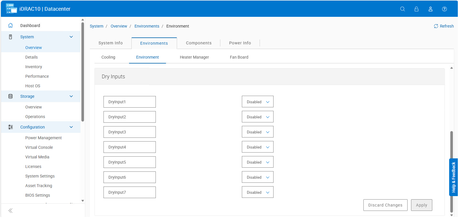 The image shows the iDRAC interface for dry input sensors