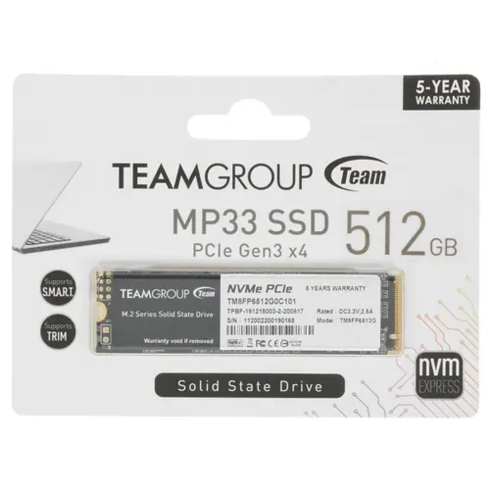 Жесткий диск Team Group MP33 TM8FP6512G0C101 SSD (твердотельные), 512 ГБ, M.2, PCIe - миниатюра 3