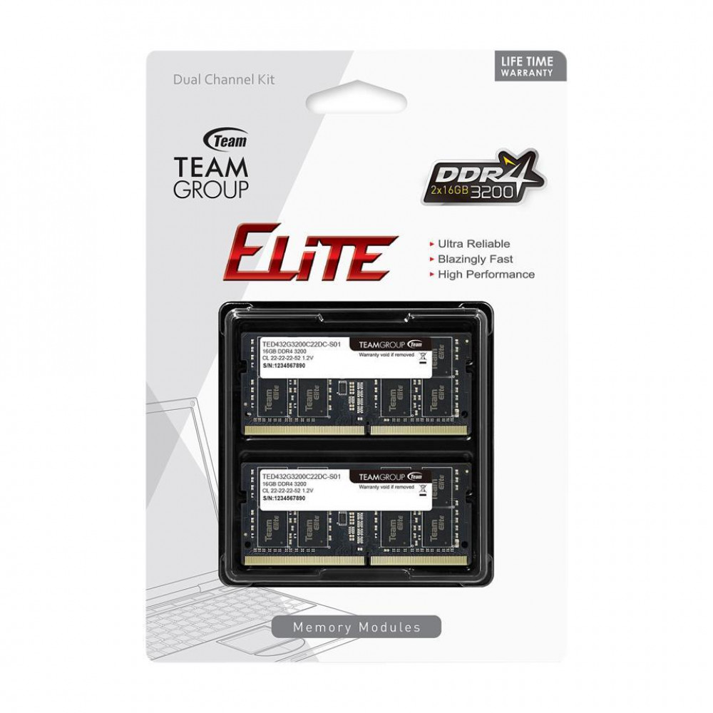 ОЗУ Team Group ELITE TED432G3200C22DC-S01 SO-DIMM, DDR4, 32 Гб (2 х 16 Гб), 3200 МГц - миниатюра 4