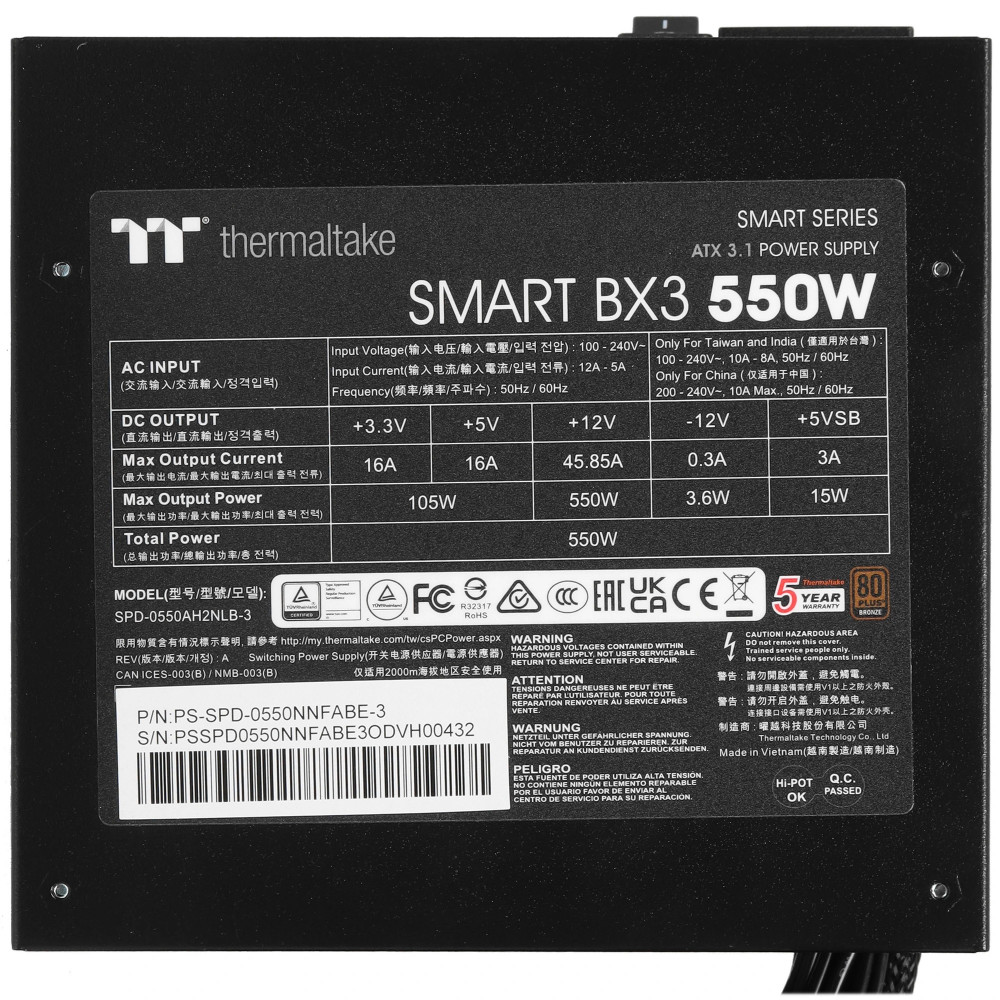 Блок питания Thermaltake Smart BX3 Bronze 550W PS-SPD-0550NNFABE-3 550 Вт, 80+ Bronze - миниатюра 8